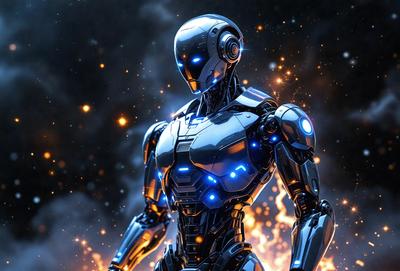 Primary subject: A futuristic robot with blue and silver colors.

Setting/background: The robot is standing in front of a dark, possibly futuristic, background.

Visual style: The robot is a digital art creation.

Colors and mood: The robot has a blue and silver color scheme, giving it a sleek and modern appearance. The overall atmosphere is futuristic and technological.